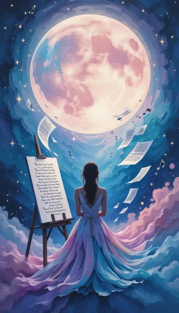 Woman painting under a glowing moon surrounded by floating poetry pages and musical notes.