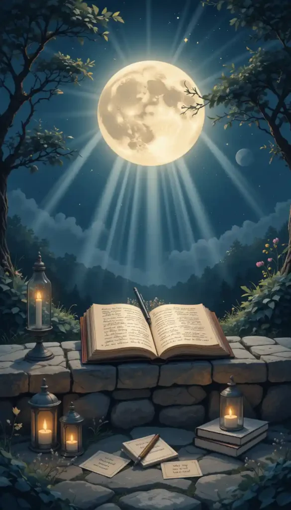 Person seated on a stone bench writing in a journal under moonlight, surrounded by candles and prompt cards.