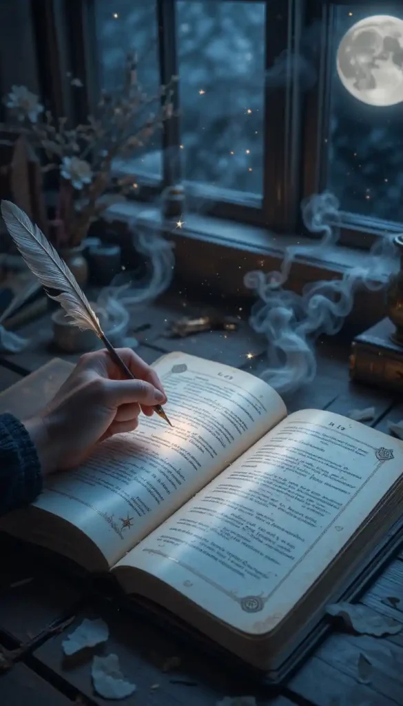 Open journal under silver moonlight with glowing symbols and constellations rising, hand holding a quill pen ready to write.