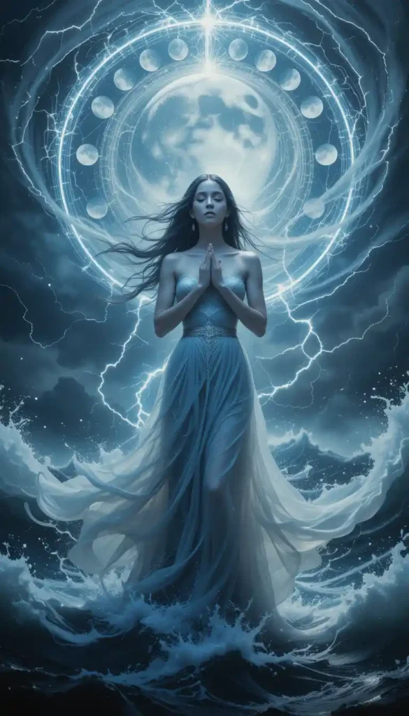 Spiritual woman centered in a cosmic storm, surrounded by protective moonlight and phases, symbolizing emotional strength and self-awareness.