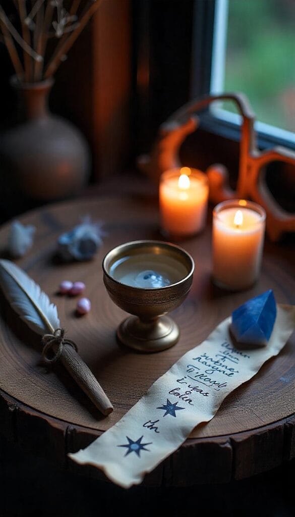 A moon altar with a chalice of moon water, ritual wand, feathers, and a handwritten intention scroll, radiating personal magic.