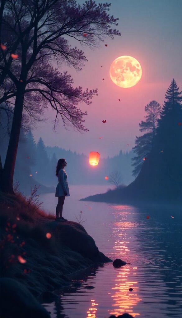A peaceful scene of a person releasing lanterns beneath the Last Quarter Moon, symbolizing emotional release and renewal.