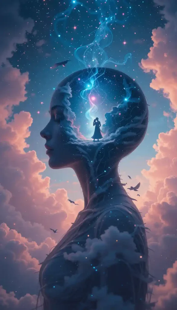 Ethereal image of a sleeping figure dreaming of a romantic connection, guided by the moon's influence.