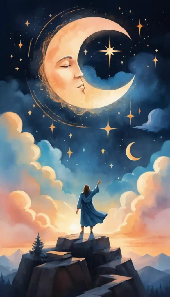 Confident figure with Gemini and Sagittarius symbols expressing light into a glowing sky.