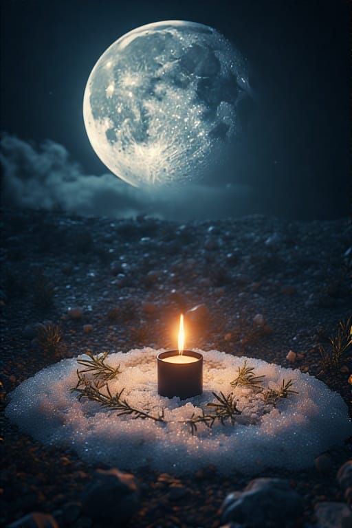 A person sits in a salt circle with a lit candle under the waning moon, performing a ritual for release and protection.