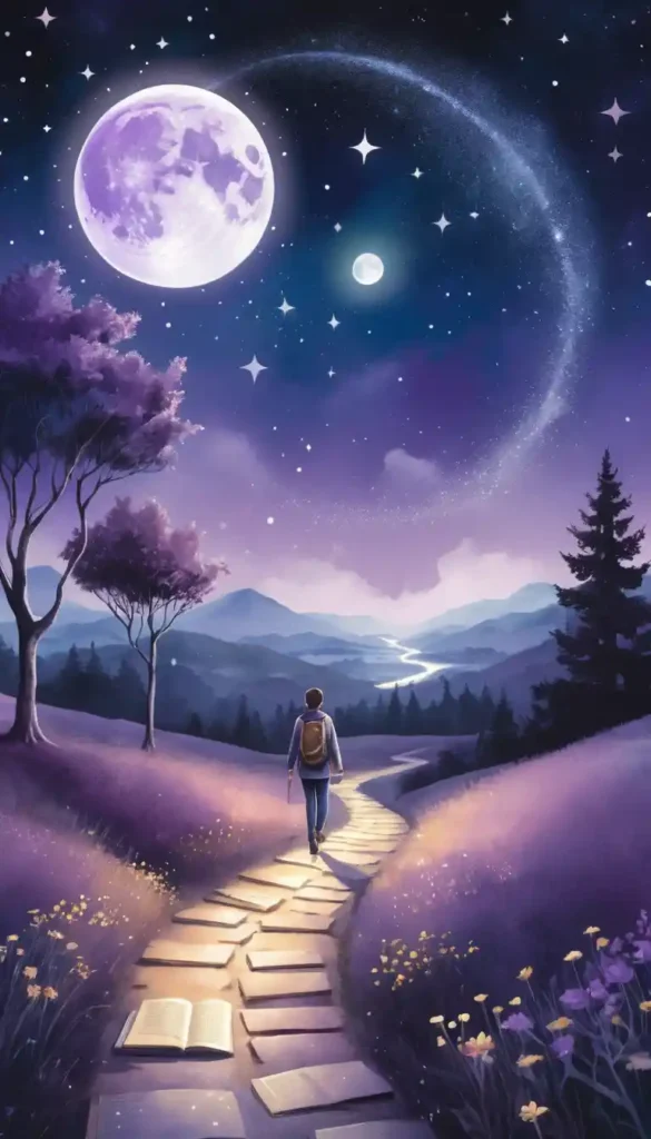 Person walking a moonlit path with symbols like a glowing signpost, an open book with a key, and stars forming a conversation bubble, representing aligned coincidences.