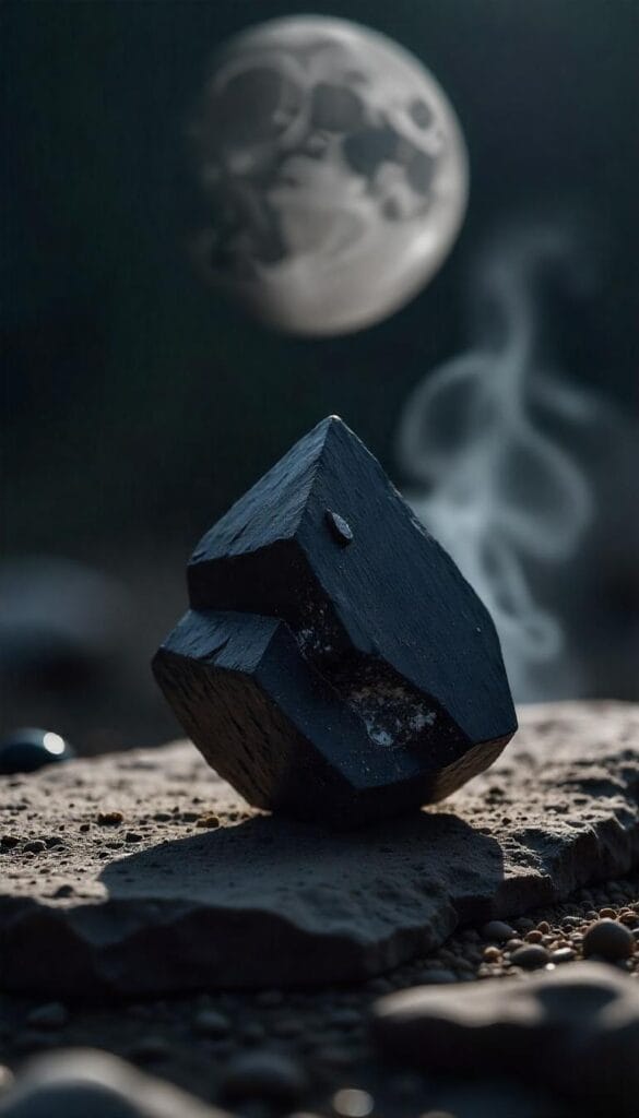 Black tourmaline crystal under a waning moon with grounding elements and symbols of energetic protection.