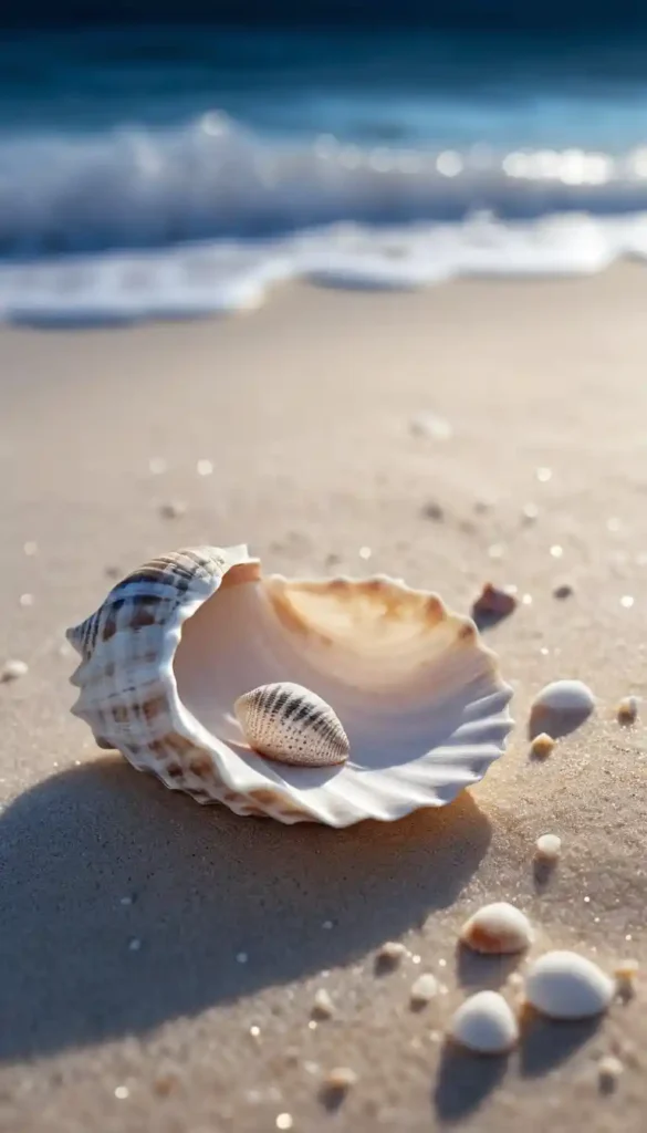 White feather resting on a salt-filled seashell under crescent moonlight as a gratitude offering.