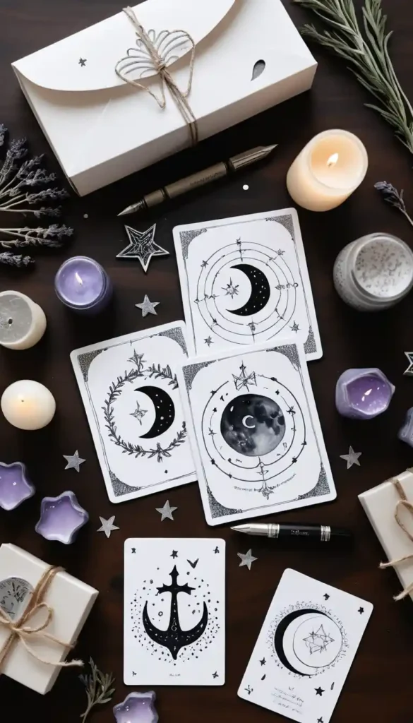 Mystical workspace with handmade intention cards, glowing sigils, lunar phase icons, quill pen, and lavender sprigs.