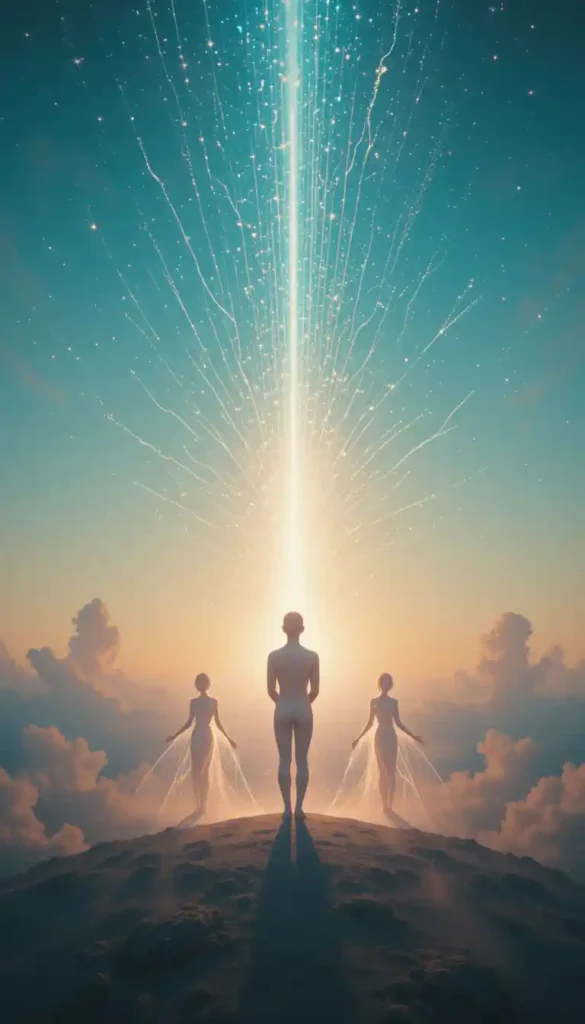 Ethereal image of a central figure radiating light, attracting two luminous figures while dark, past figures recede, symbolizing healing and attracting authentic love.