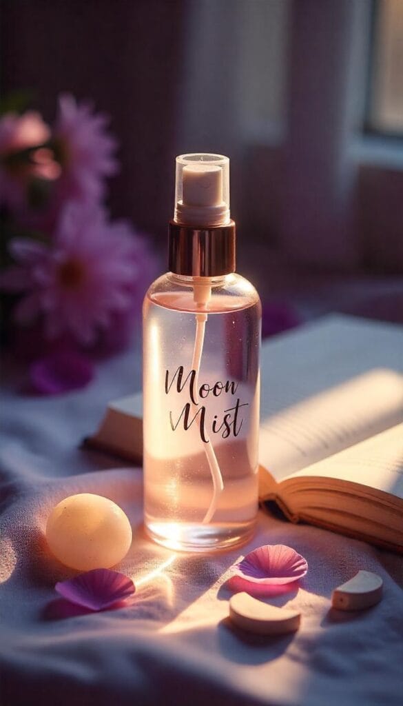 Glass spray bottle labeled “Moon Mist” with quartz chip under moonlight.