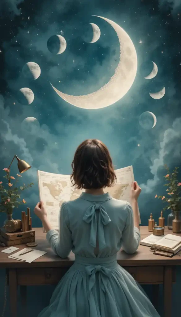 Woman planning her journey under a waxing crescent moon with moon phases overhead.
