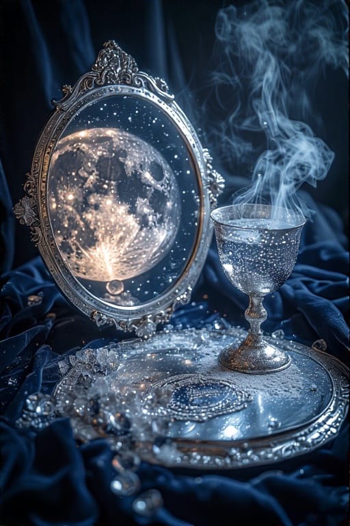 An ornate silver mirror reflecting moonlight beside a silver chalice of moon water on a midnight blue altar.