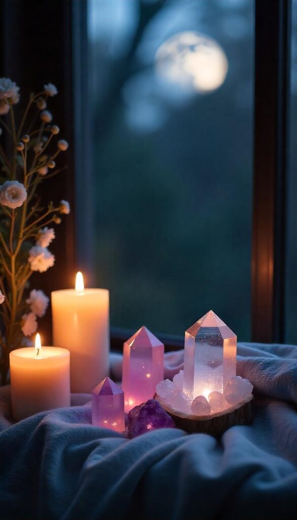 Crystals arranged under full moonlight, glowing softly as they absorb lunar energy.