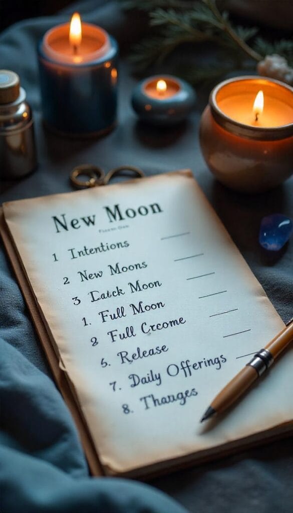 A moon altar with a ritual checklist, moon water, and crystals—showing a sacred, organized space for lunar practices.