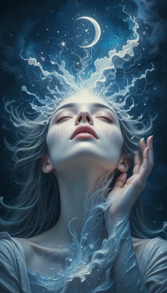 Woman releasing liquid moonlight as tears, art, and words for pure emotional expression under a crescent moon