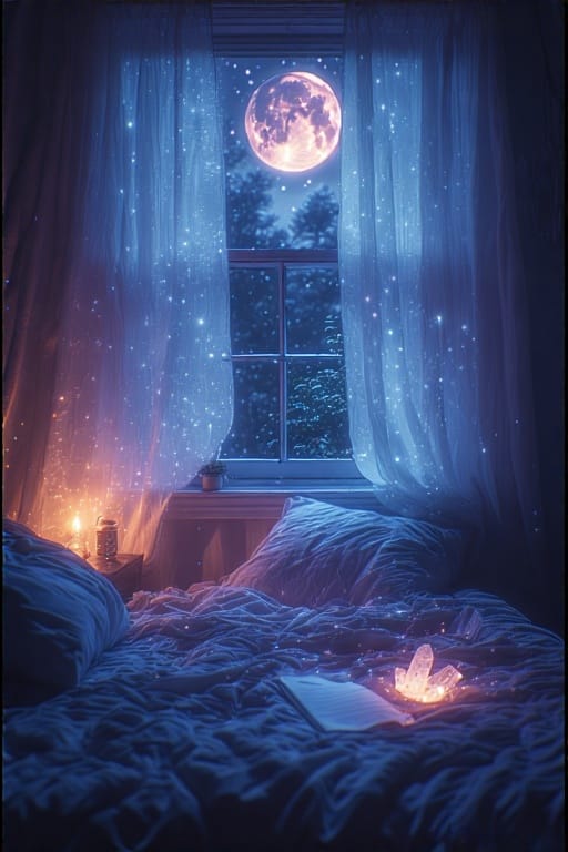 A paper and clear quartz crystal rest under a pillow in moonlight, preparing for a dream ritual of guidance and insight.