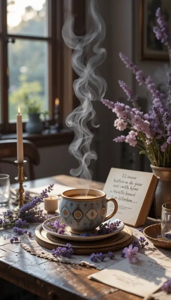 Cup of herbal tea on a wooden table under moonlight with herbs, crystals, and astrological symbols.