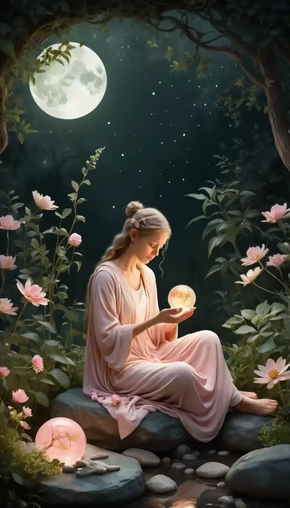 Peaceful figure holding light in a moonlit garden with Cancer and Taurus symbols around.
