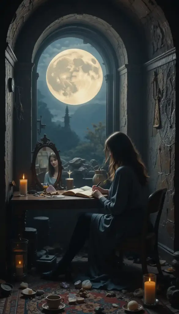 A practitioner writes in a journal by moonlight at a desk with a mirror reflecting the full moon, surrounded by a candle, crystal, and tea.