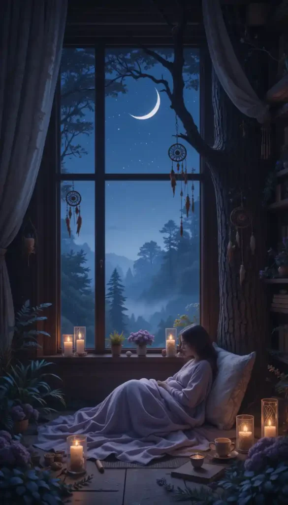 A person rests peacefully under the faint Balsamic Moon, embracing stillness and self-renewal.