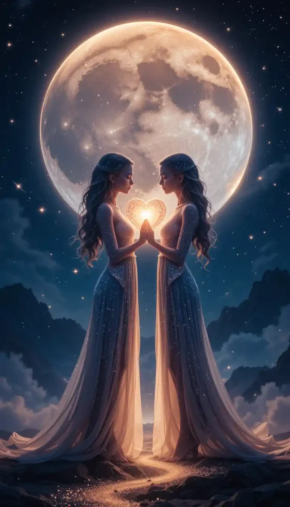  Two moonlit figures with intertwining auras beneath a glowing moon, symbolizing emotional compatibility and soul-aligned connection.