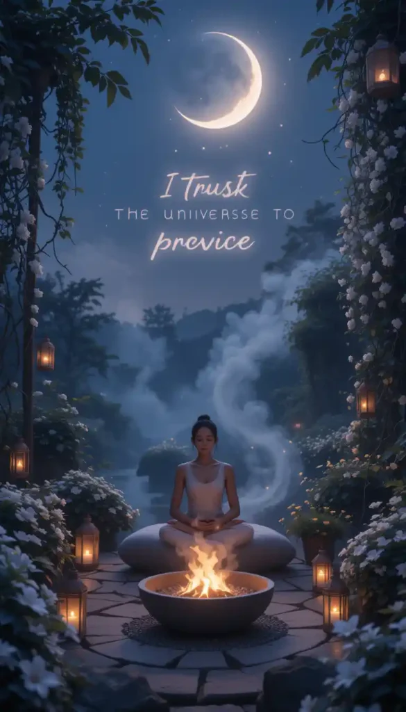 A person meditating under a Waning Crescent moon surrounded by lanterns and jasmine, embodying trust and surrender.