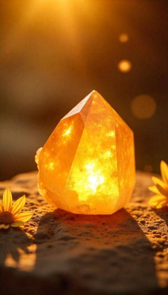 Glowing citrine crystal under a waxing moon with golden light and symbols of prosperity and creativity.
