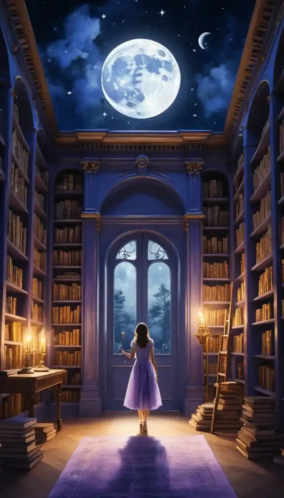 Figure surrounded by floating books, glowing scrolls, and magical items descending under a full moon, symbolizing suddenly available resources.