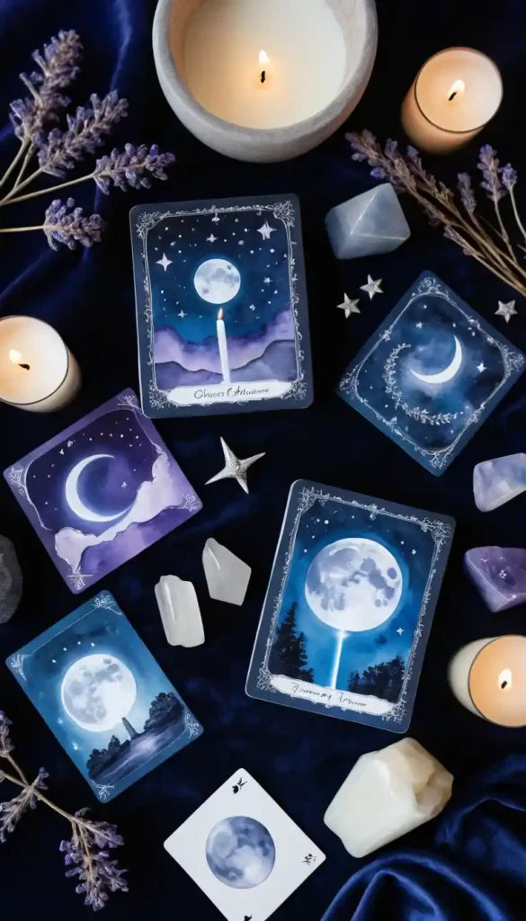 Spread of Moonology Oracle cards glowing under silver light with selenite, moonstone, and candle on a velvet altar.
