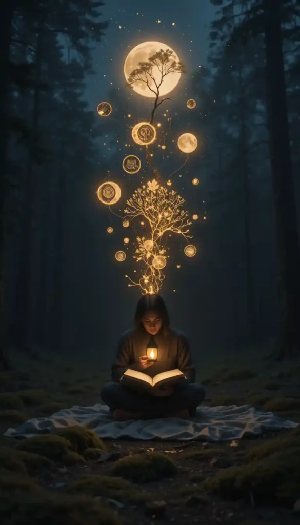 A person writing dreams in a journal by lantern light in a dark forest, surrounded by floating symbols of abundance.