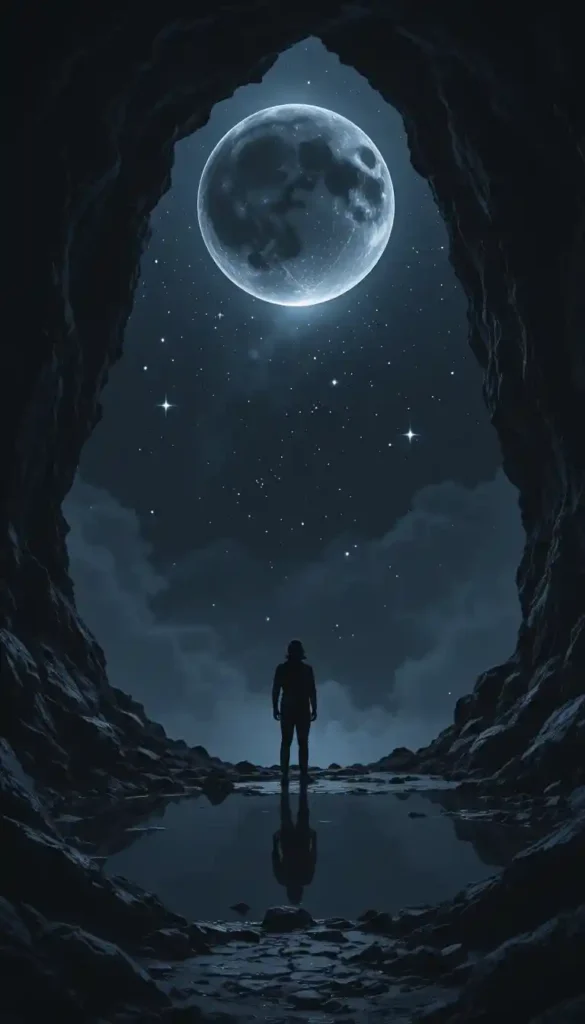 A figure stands at the edge of darkness under a moonless sky, exploring their shadow self with quiet strength.