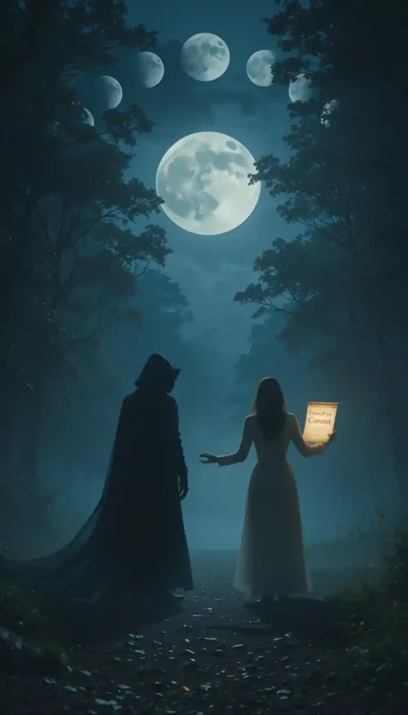 A practitioner under a full moon offers a “Consent” scroll to one figure while a shadowy figure casts dark energy toward another, symbolizing ethical choices.