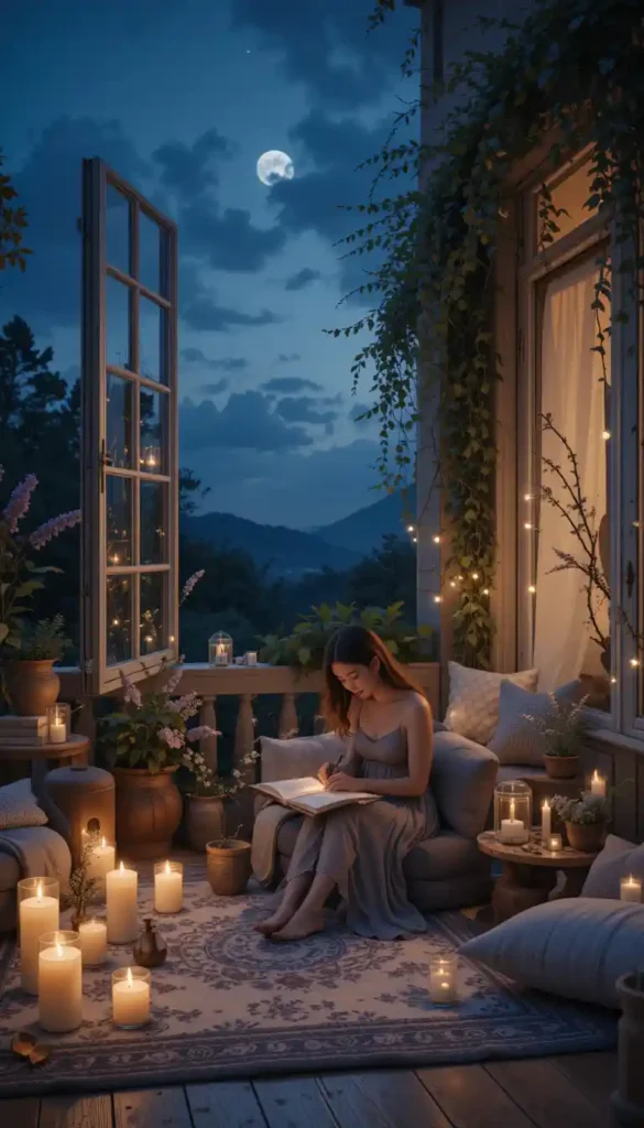 Person journaling under moonlight with candles and crystals in a serene nighttime setting.