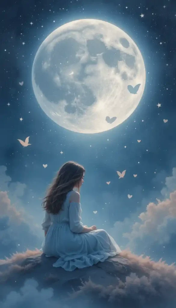 Woman listening attentively to another under a glowing moonlight, creating a comforting safe space.