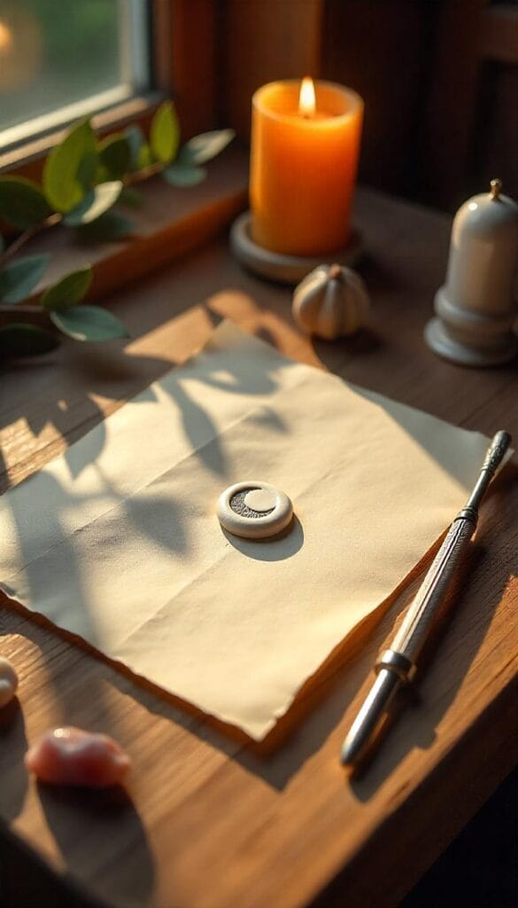 Parchment letter sealed with moon wax stamp under candle and moonlight.