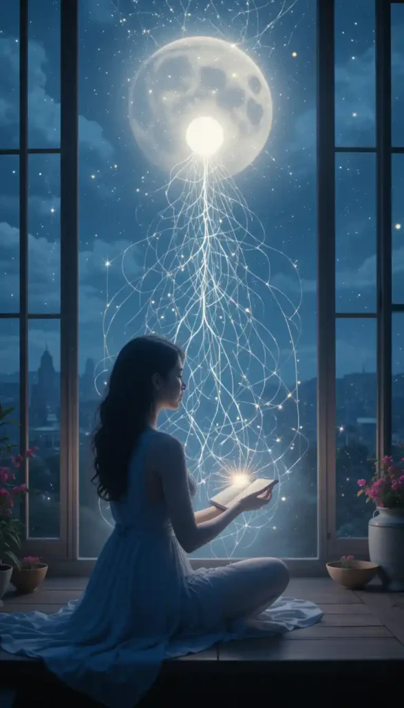 Ethereal image of a person journaling or creating a vision board under a New Moon, symbolizing the co-creation of a love story through intentional rituals and energy alignment.