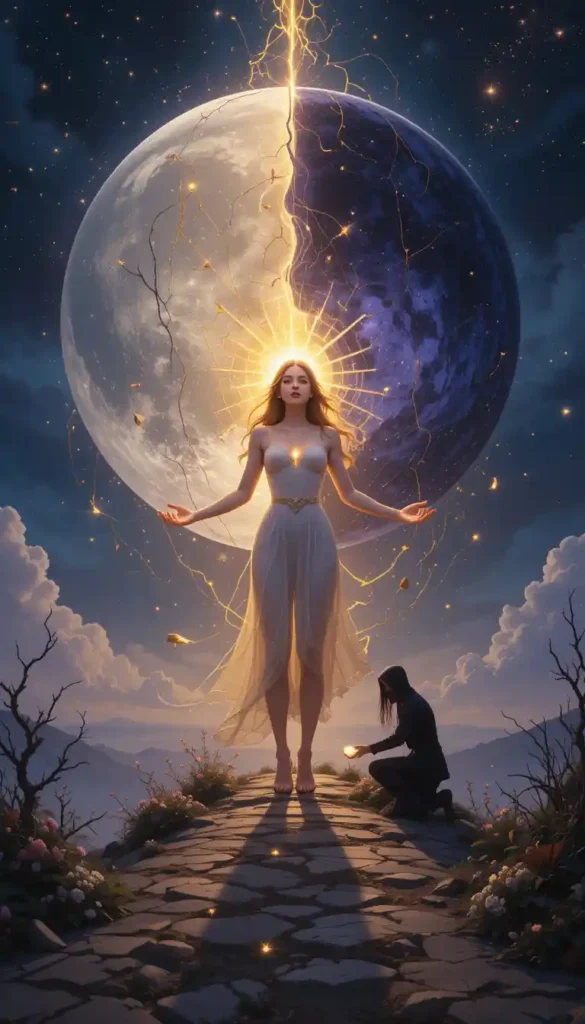 Woman choosing between bright crescent moon of selfhood and dark moon of people-pleasing, with emotional energy visible
