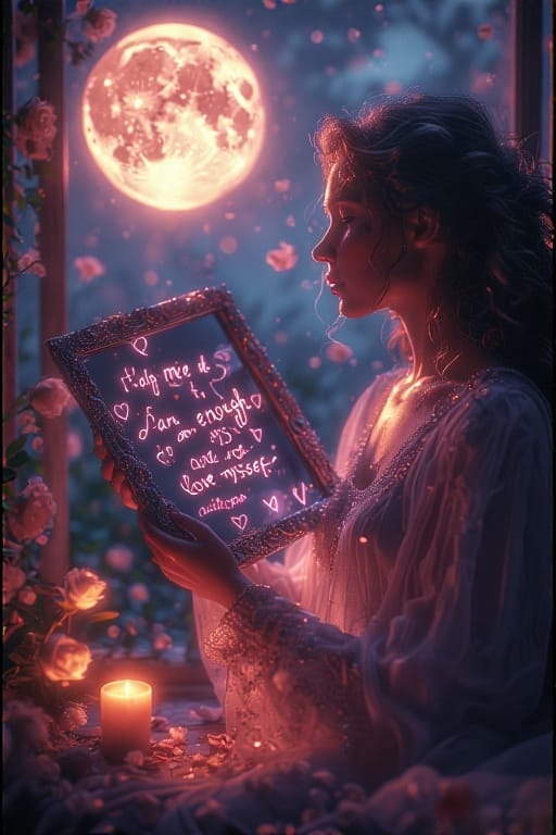 A person holds a mirror with self-love symbols under the moonlight, reflecting on their worth and inner beauty.