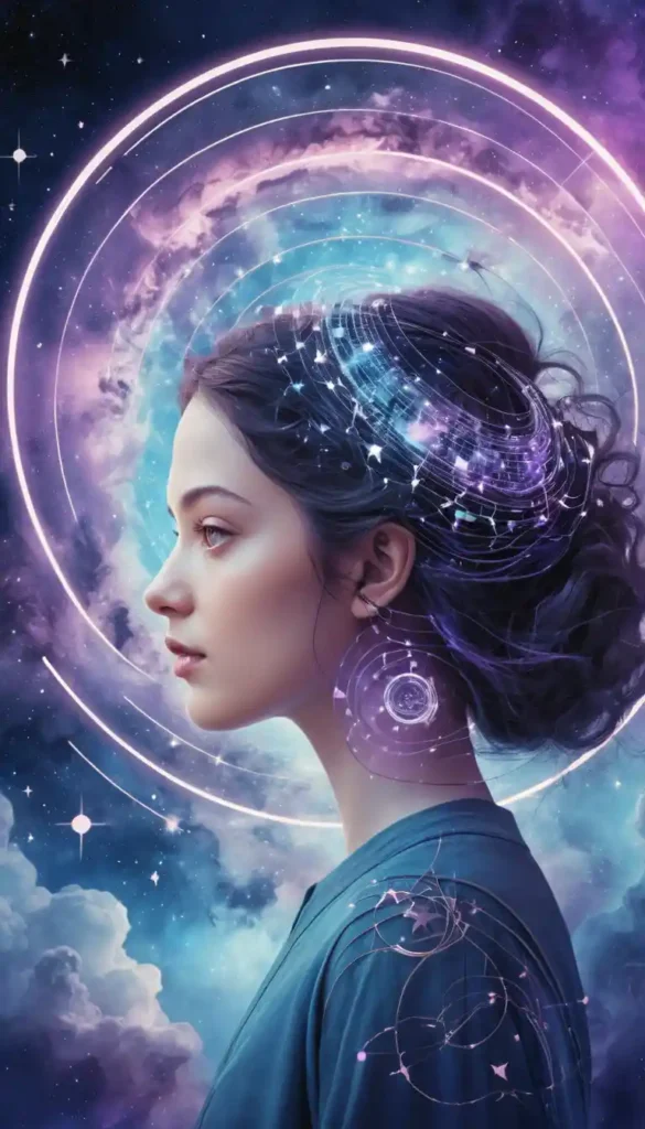 Figure gazing into cosmic portal with Aquarius and Pisces symbols and radiant creative light.