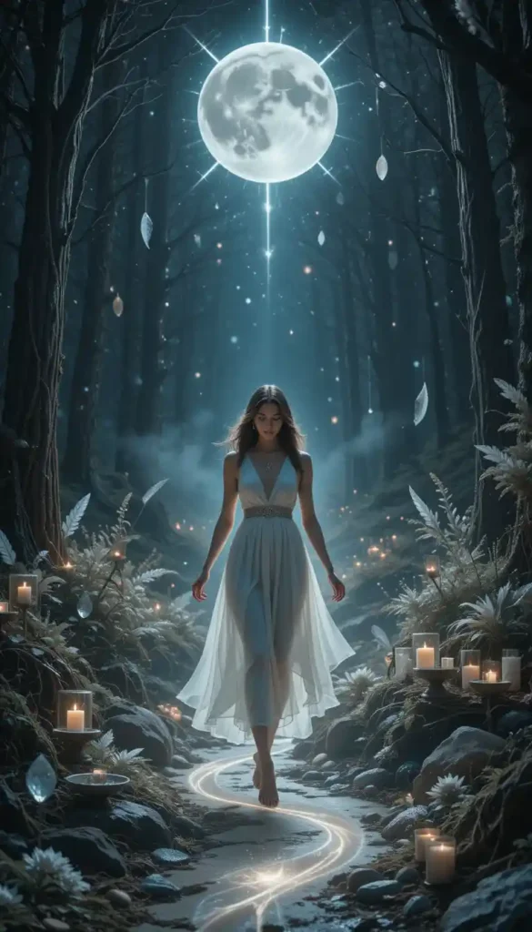 Spiritual woman on a moonlit path surrounded by sacred symbols and lunar light, representing spiritual guidance and divine feminine alignment.
