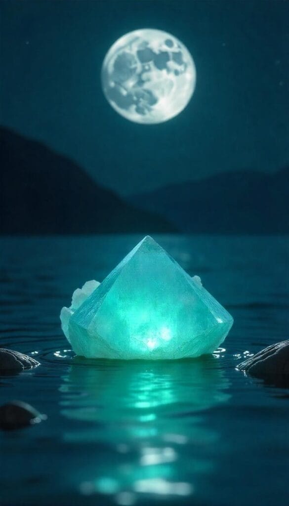 Aquamarine crystal near calm water under a new moon, symbolizing clear communication and authentic intention.