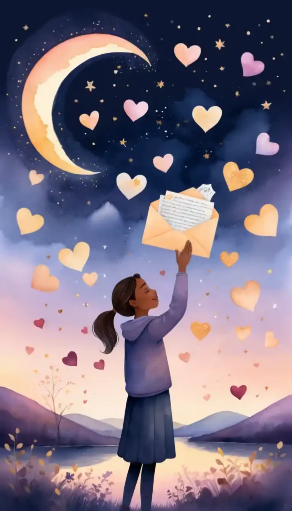 Person holding a glowing message with floating supportive notes around them under a crescent moon, symbolizing encouragement from others.