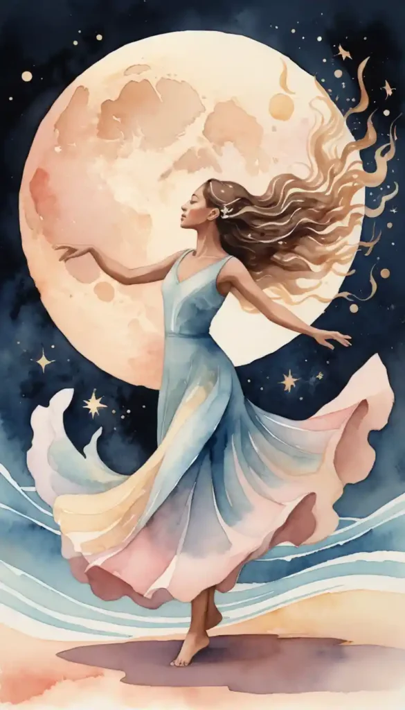 Joyful figure dancing under full moon with all moon sign symbols and radiant energy waves