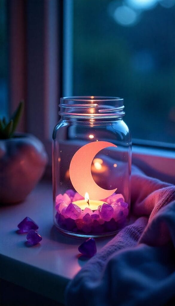 Glass jar lantern with amethyst and crescent moon cutout glowing softly.