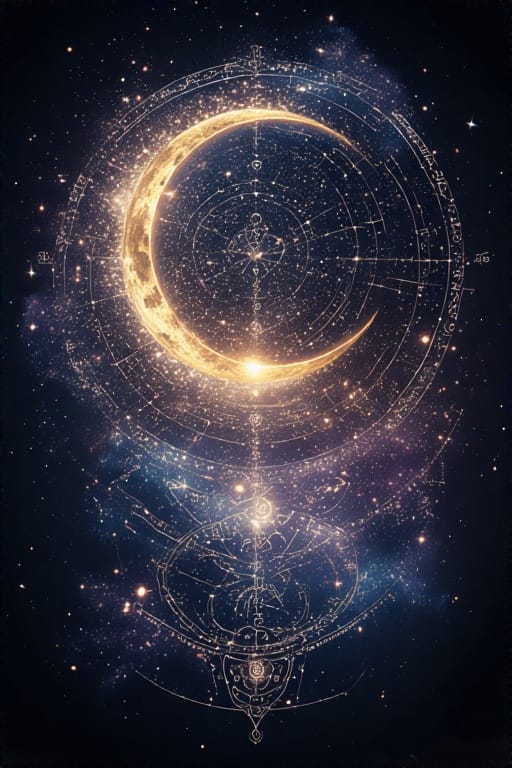 Illustration of a crescent moon surrounded by celestial symbols and starry background.