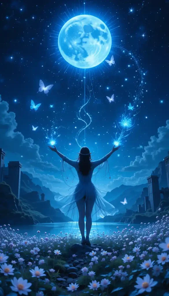 A radiant Blue Moon illuminates a figure surrounded by glowing symbols of wonder and unexpected blessings.