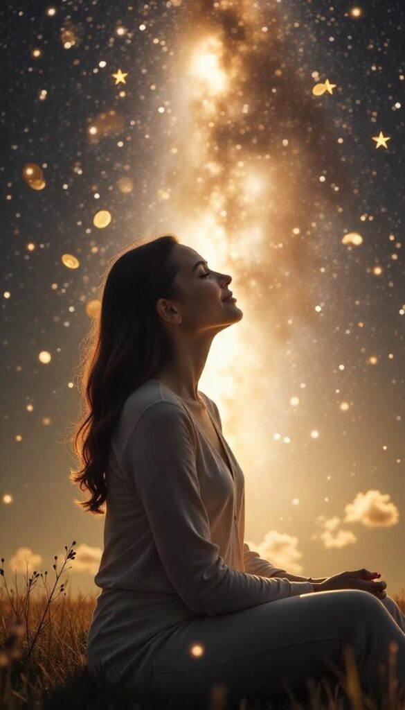 Person visualizing dreams fulfilled, surrounded by glowing symbols of joy, love, and abundance.