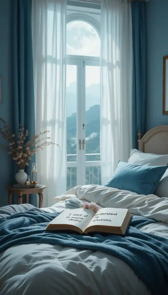 Cozy bedroom bathed in moonlight with a dream journal, candle, and intention card on the bedside table.