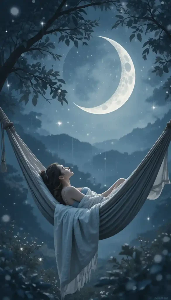 Woman resting in a hammock under a crescent moon surrounded by soft silver light.